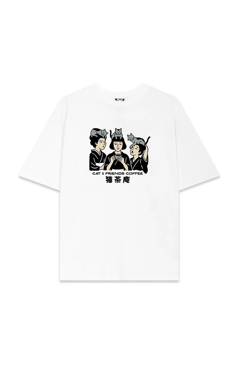 T-shirt Regular Cat & Friends Coffee White