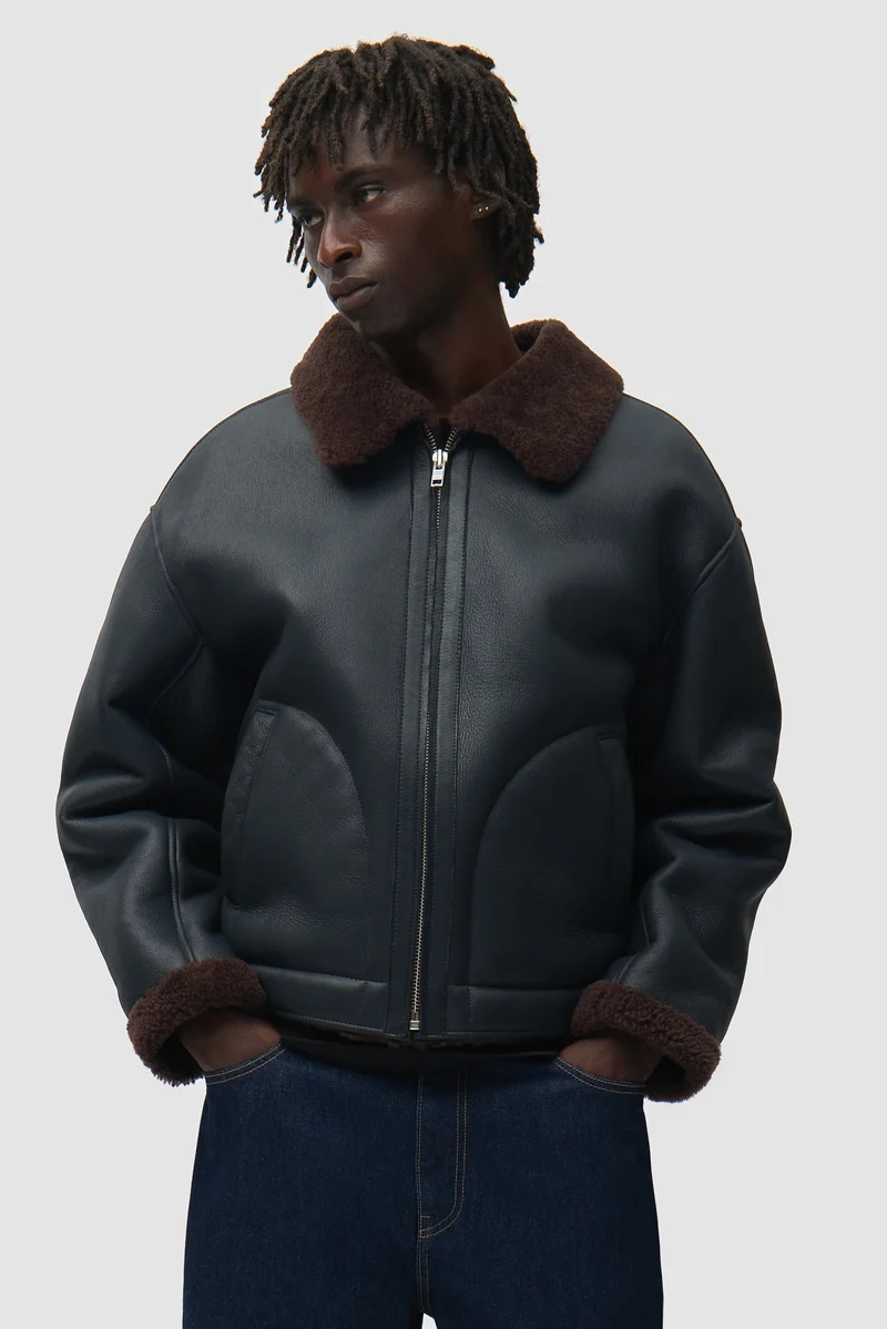 Veste en cuir shearling - Bleu marine
