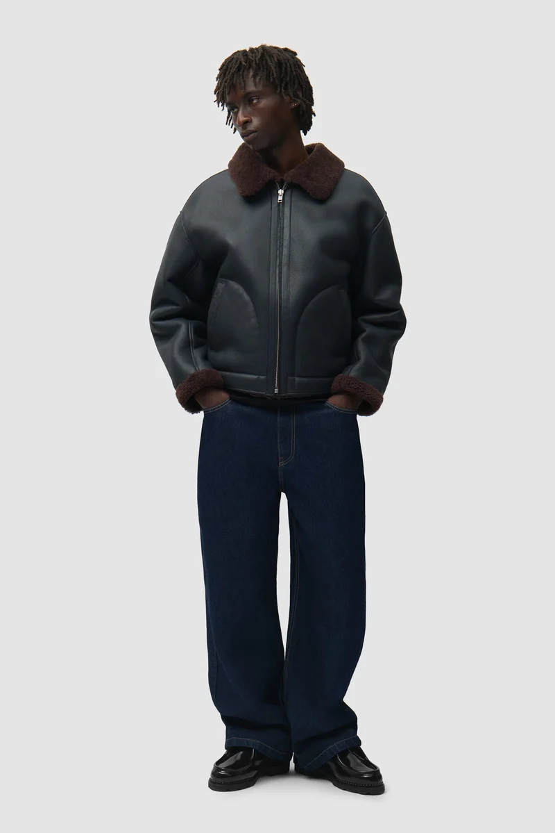 Veste en cuir shearling - Bleu marine