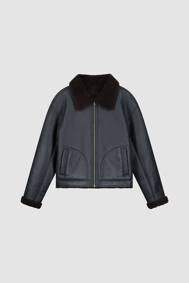 Veste en cuir shearling - Bleu marine