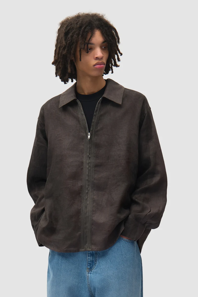 Chemise en lin délavé à fermeture éclair - Noir