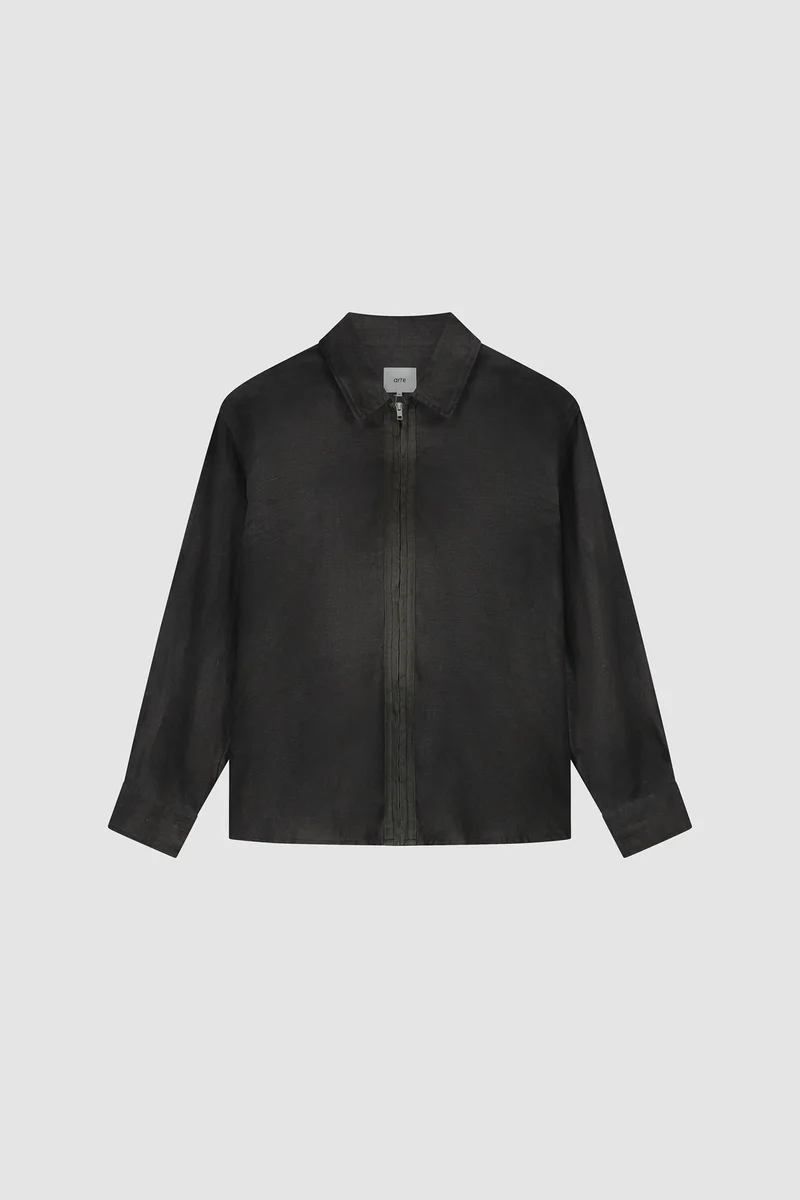 Chemise en lin délavé à fermeture éclair - Noir