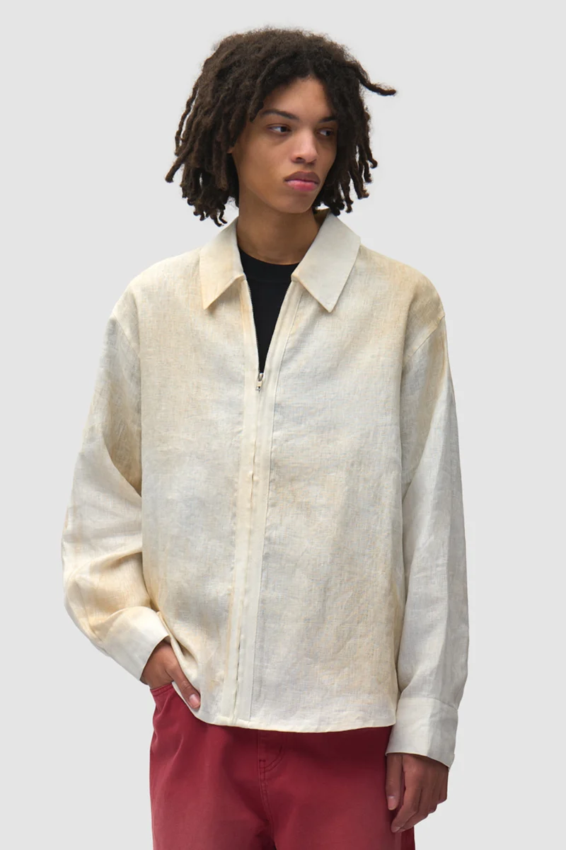Chemise en lin délavé à fermeture éclair - Crème