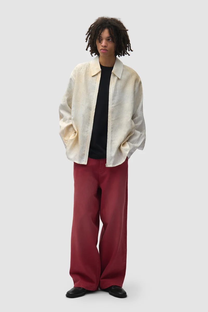 Chemise en lin délavé à fermeture éclair - Crème