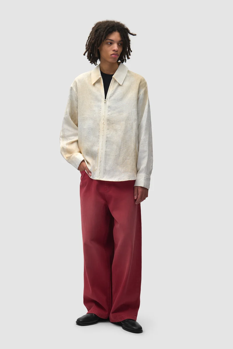 Chemise en lin délavé à fermeture éclair - Crème