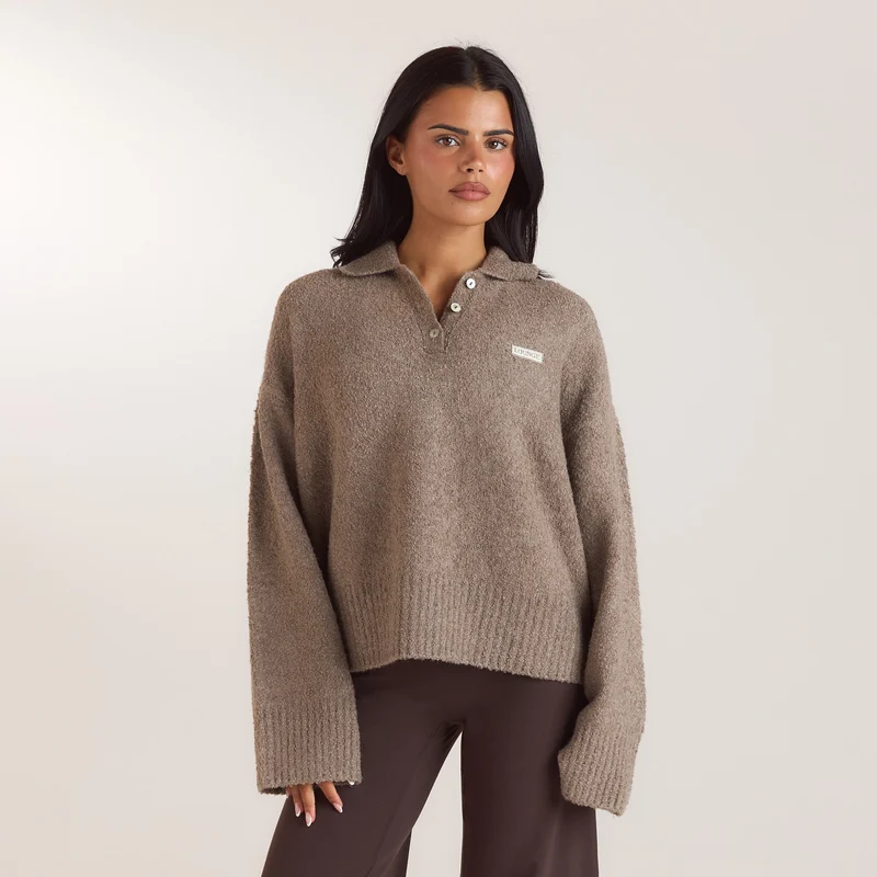 Pull Polo en Maille Bouclée - Taupe