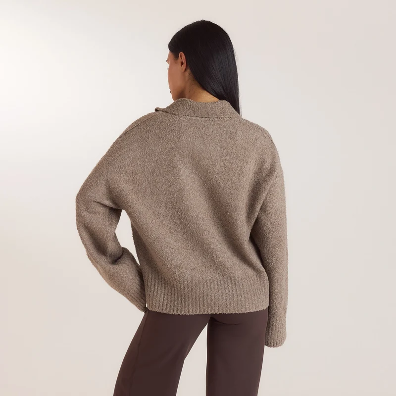 Pull Polo en Maille Bouclée - Taupe