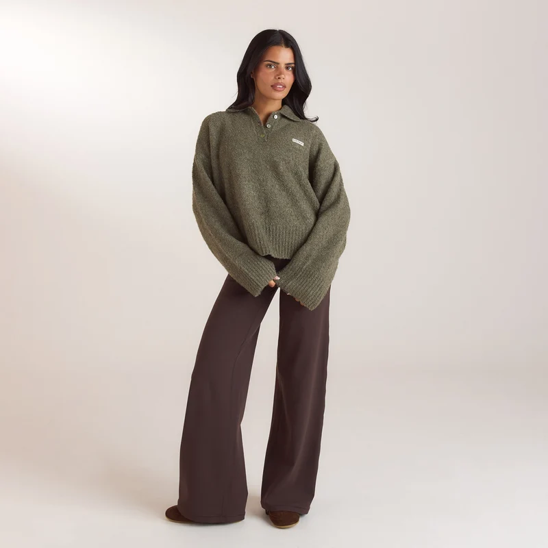 Pull Polo en Maille Bouclée - Kaki