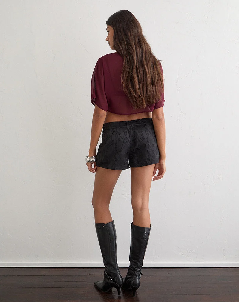 Mini-short Tanur en jacquard de satin d'ameublement noir à motifs floraux