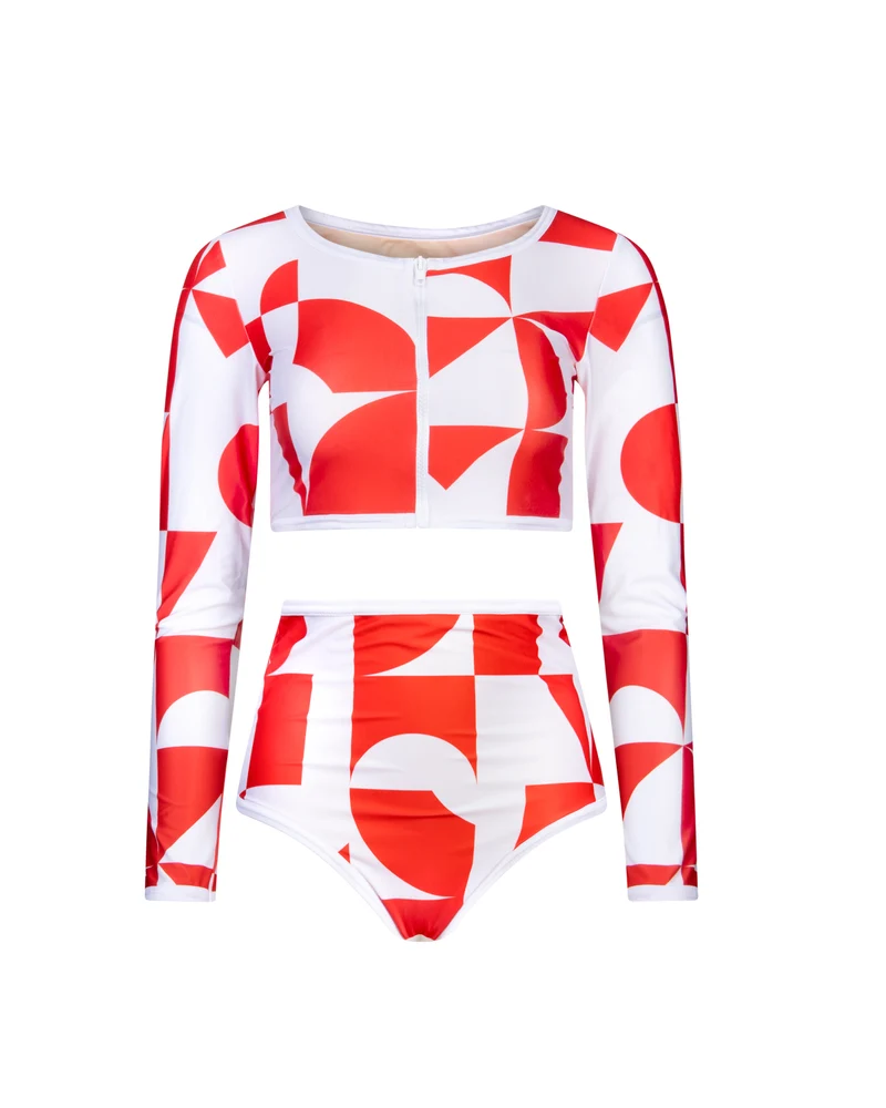 Long sleeve crop top Giulia Geometric Red UPF 50+