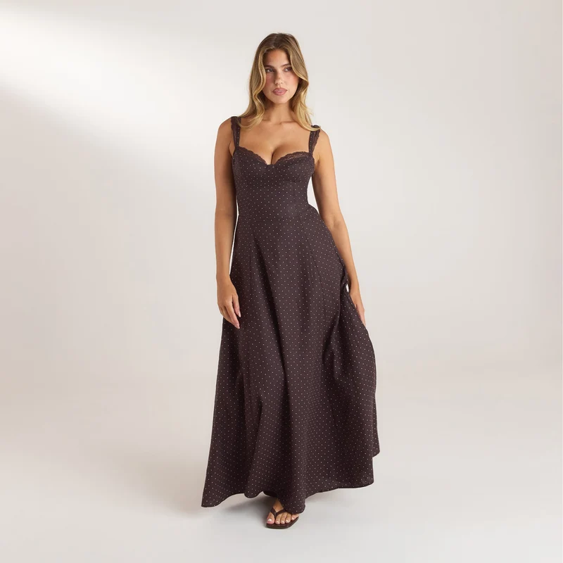 Robe Maxi avec Bordure en Dentelle - Chocolat à Pois