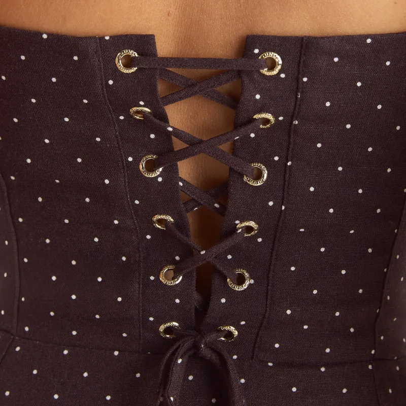 Robe Maxi avec Bordure en Dentelle - Chocolat à Pois
