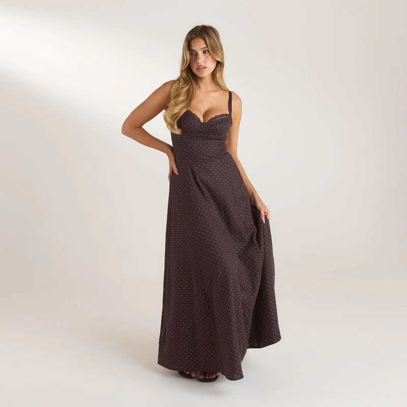 Robe Maxi avec Bordure en Dentelle - Chocolat à Pois