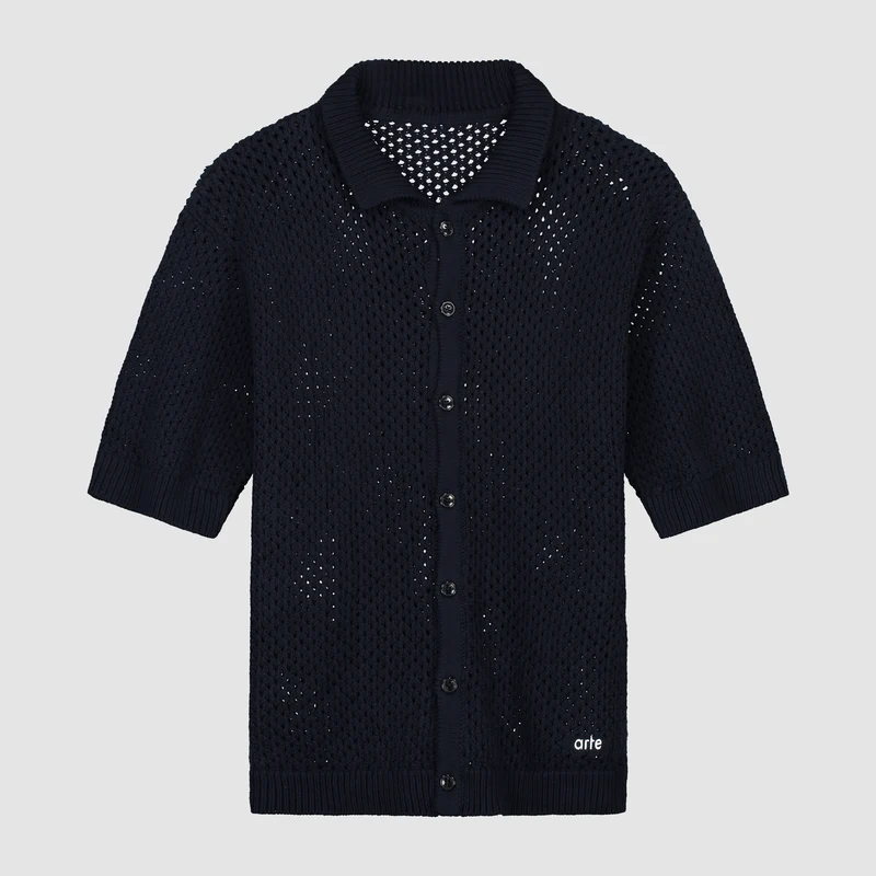 Chemise à boutons en tricot crocheté - Marine