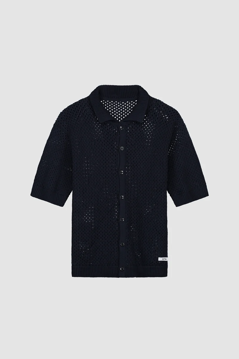 Chemise à boutons en tricot crocheté - Marine