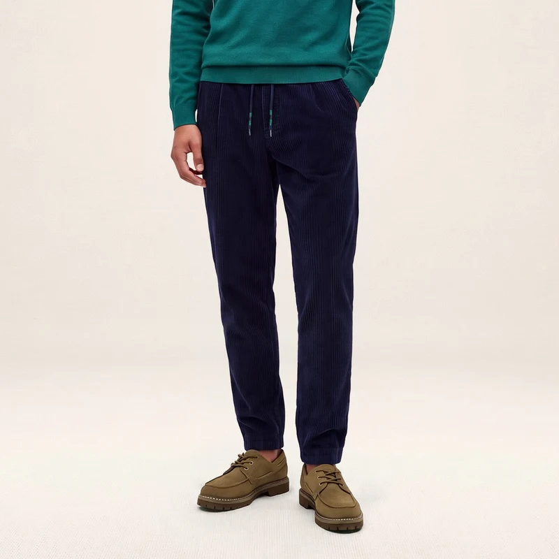 Pantalon velours côtelé coton taille élastiquée bleu marine foncé 557