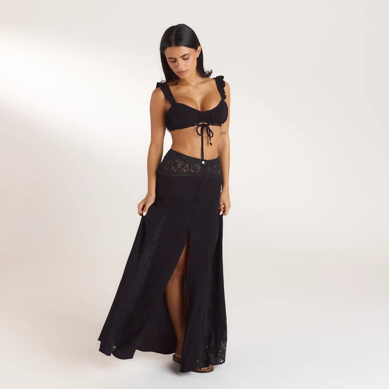 Jupe Longue à Panneau en Dentelle - Noir