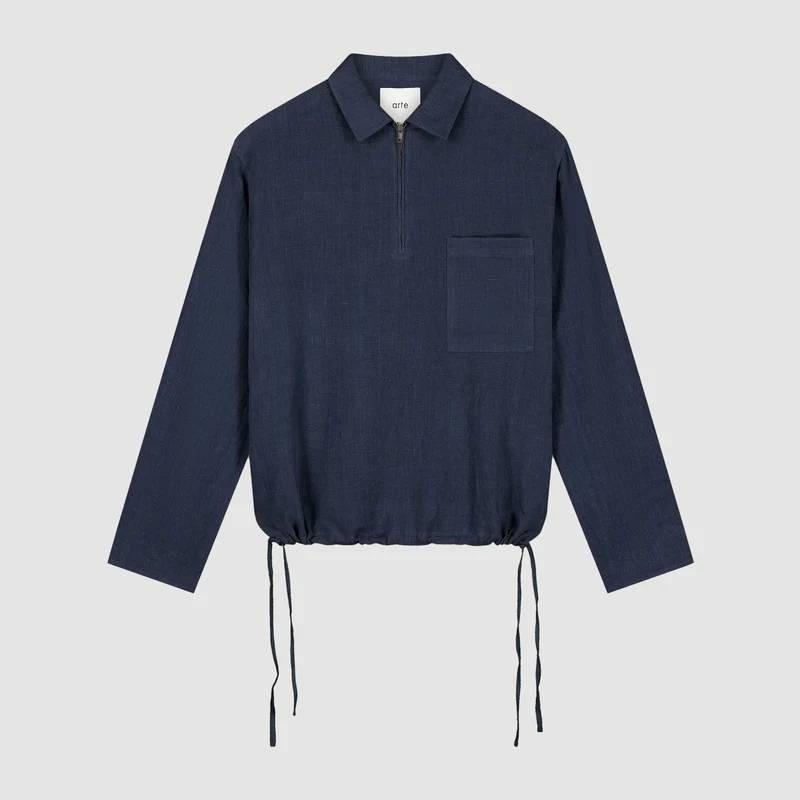 Pull à fermeture éclair quart de longueur en lin - Bleu marine