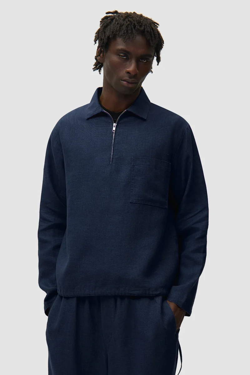 Pull à fermeture éclair quart de longueur en lin - Bleu marine