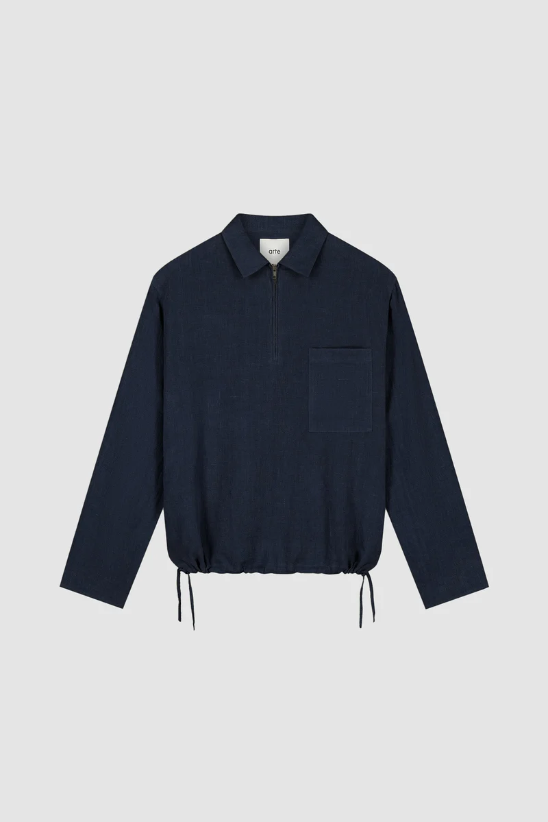 Pull à fermeture éclair quart de longueur en lin - Bleu marine