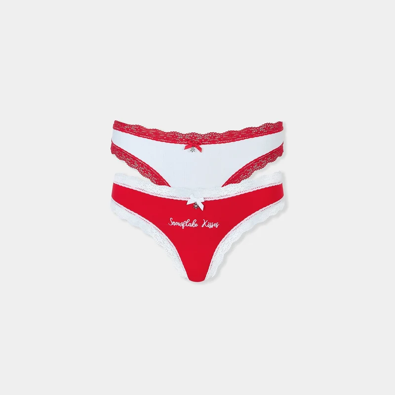 Lot de Strings Flocon de Neige (Pack de 2) - Rouge/Blanc