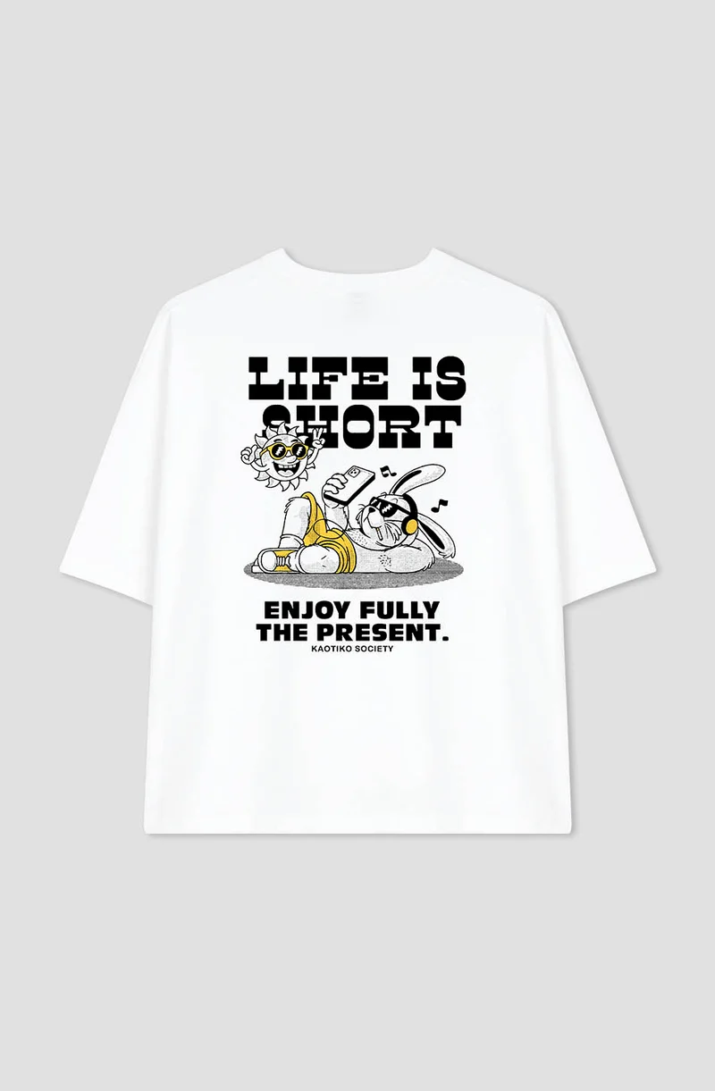 T-shirt Life Is Short Coton Biologique Blanc / Jaune