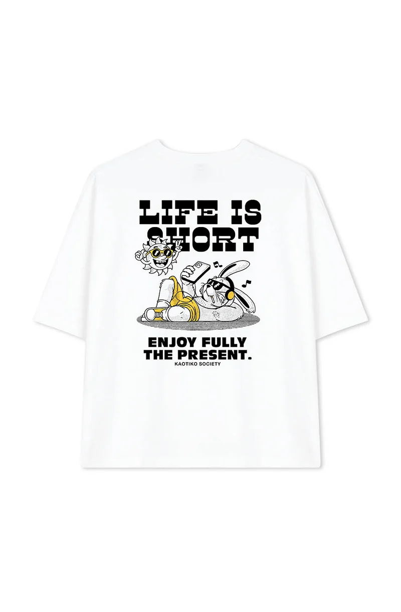 T-shirt Life Is Short Coton Biologique Blanc / Jaune