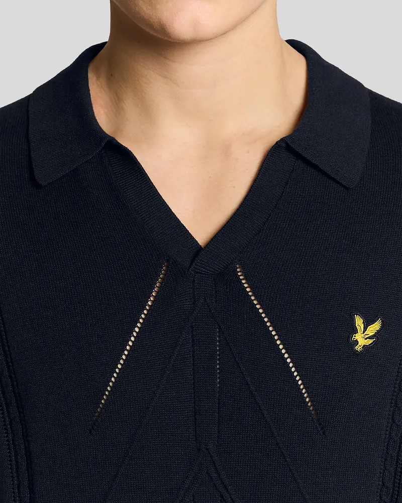 Open Collar Argyle Knitted Polo Shirt