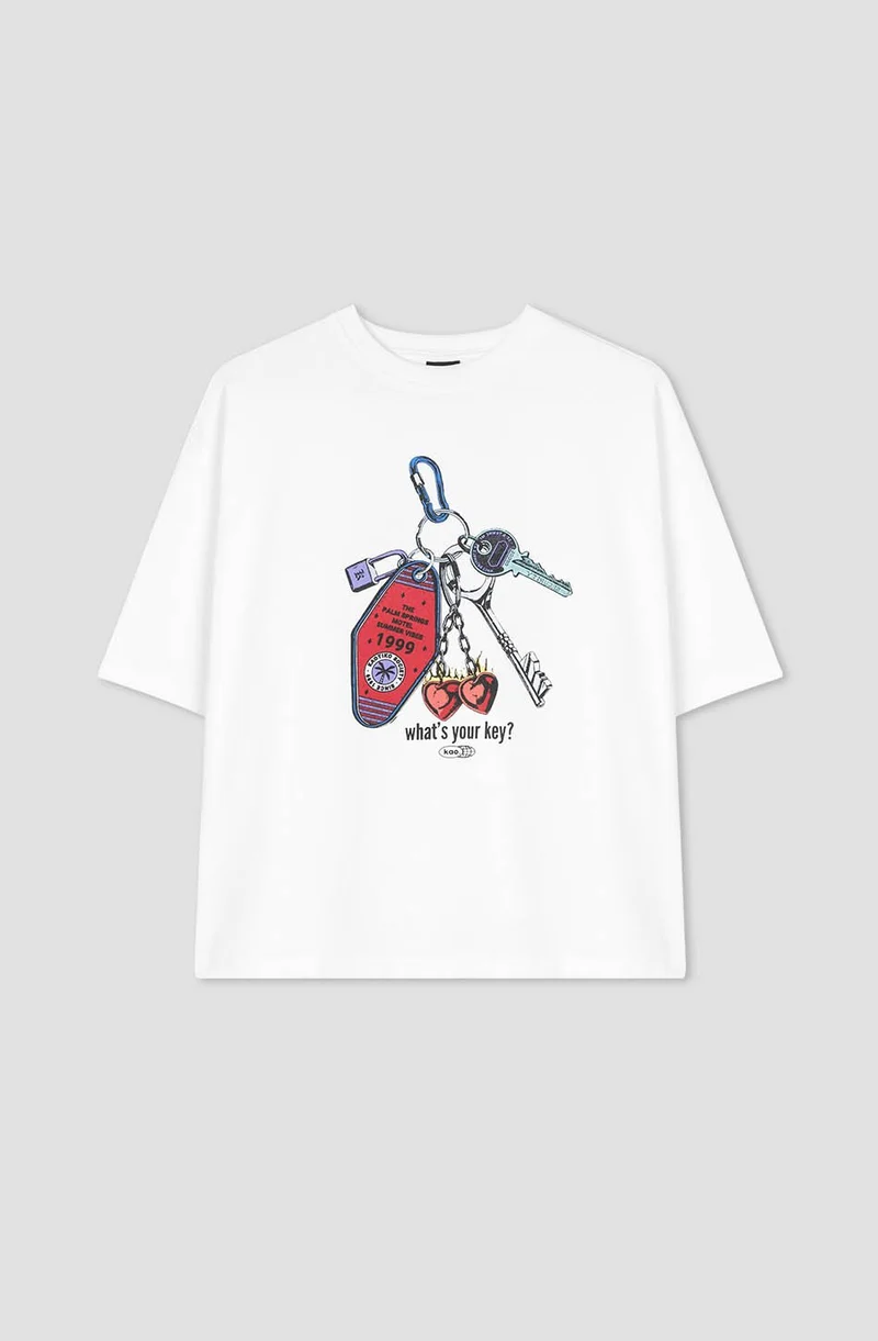 T-shirt Cropped Organic Cotton What's Your Key Blanc