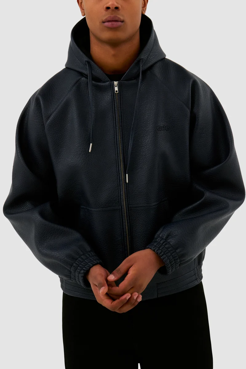 Veste à capuche en cuir - Marine