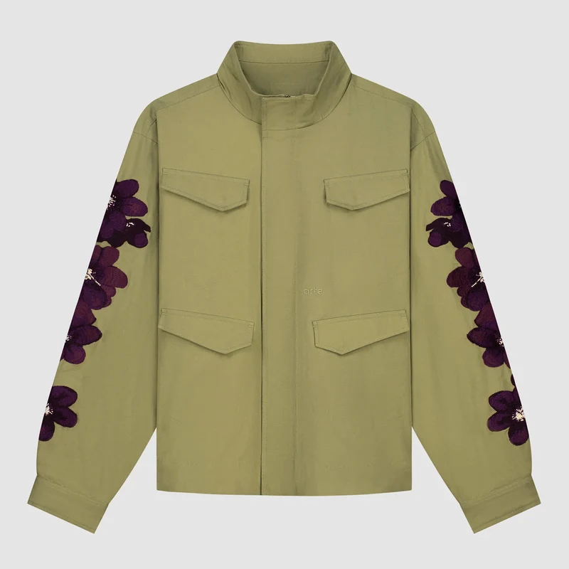 Veste brodée de fleurs - Vert olive