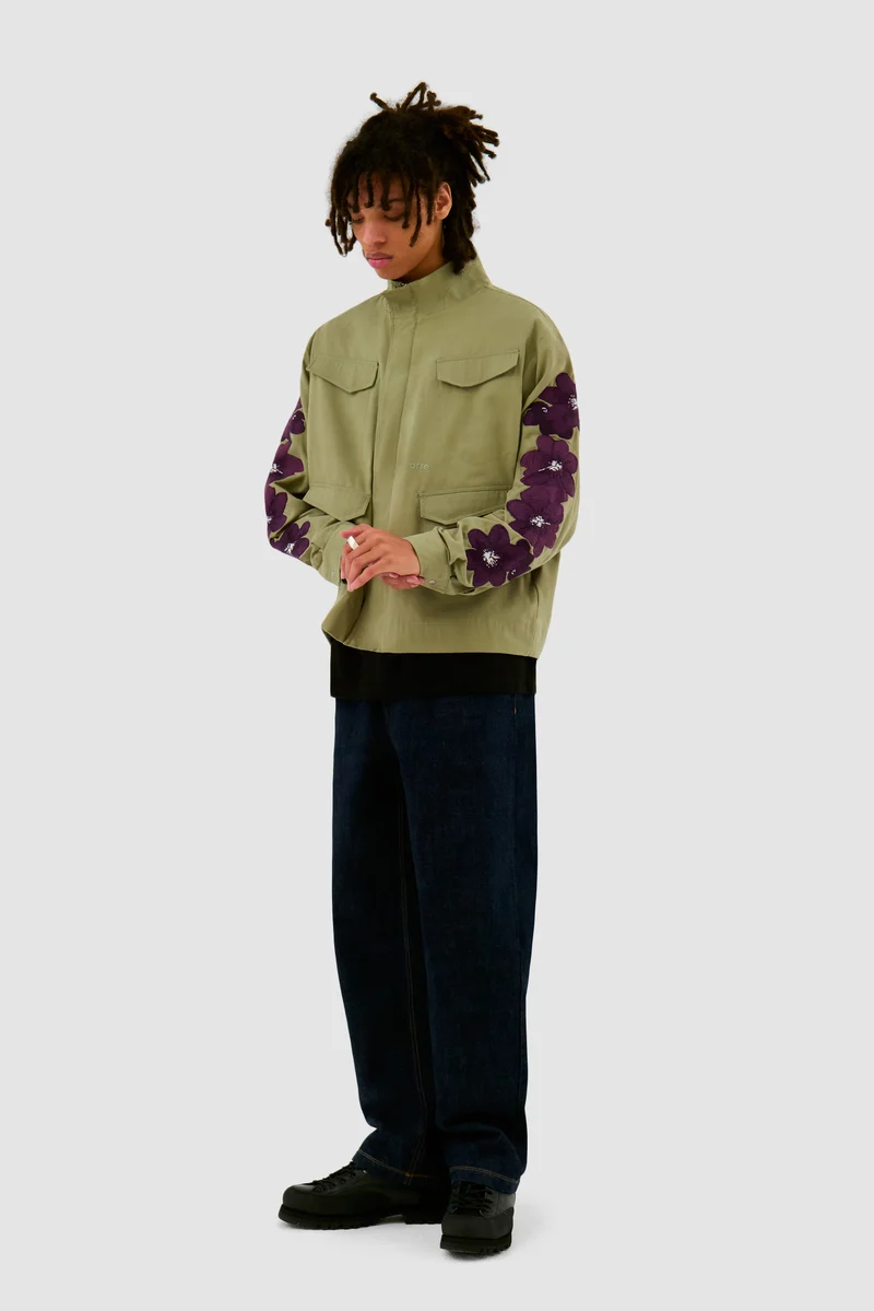 Veste brodée de fleurs - Vert olive