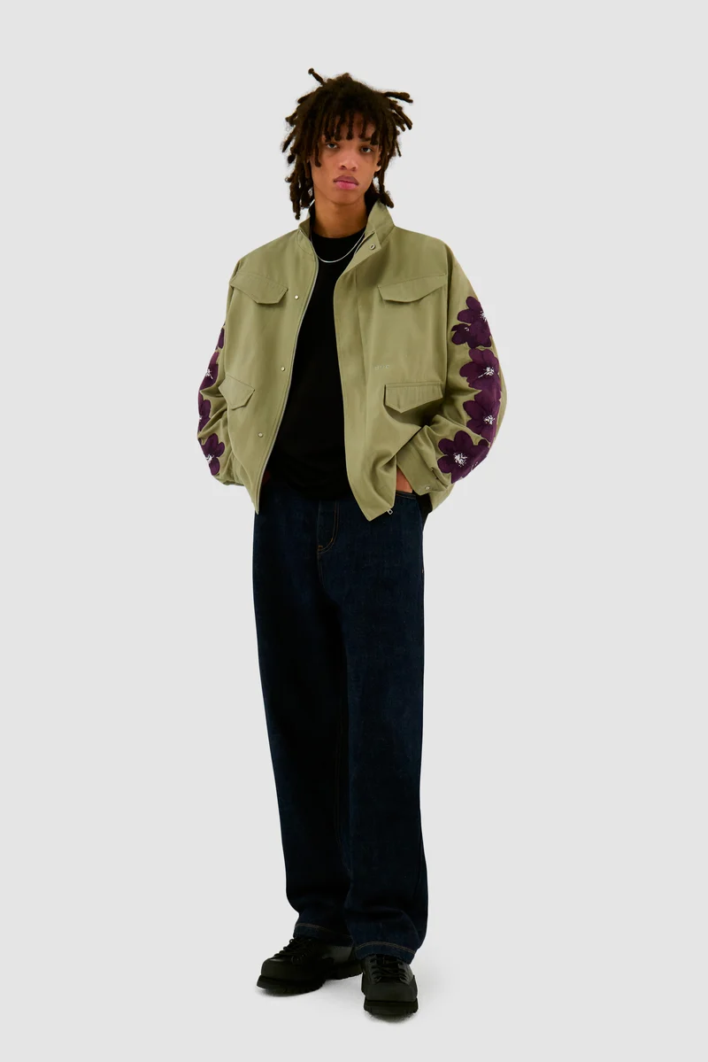 Veste brodée de fleurs - Vert olive