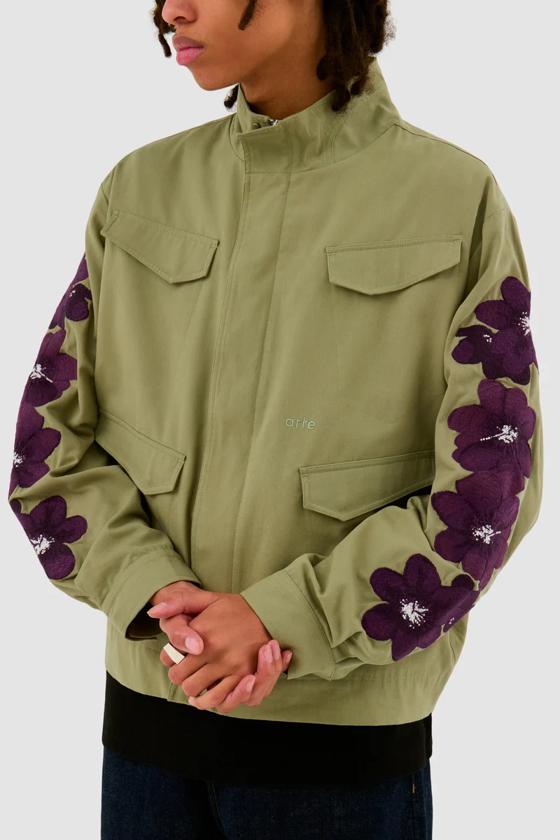 Veste brodée de fleurs - Vert olive