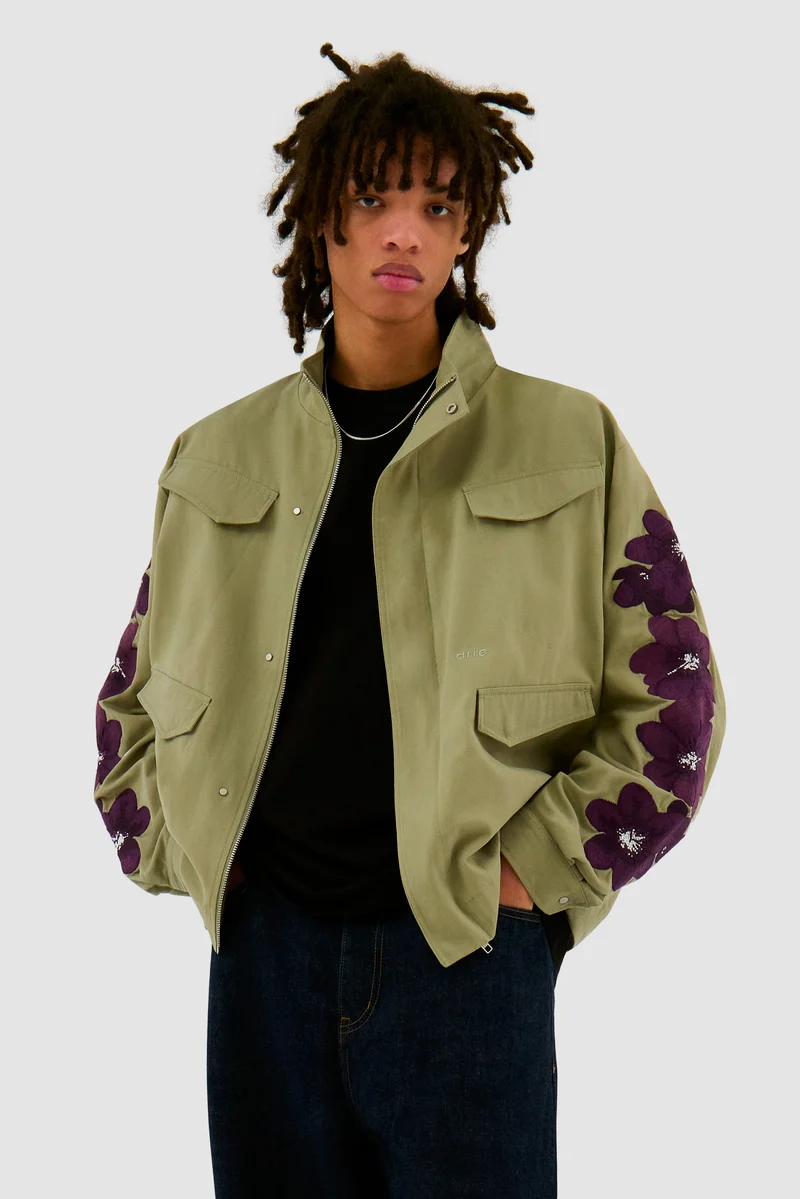 Veste brodée de fleurs - Vert olive