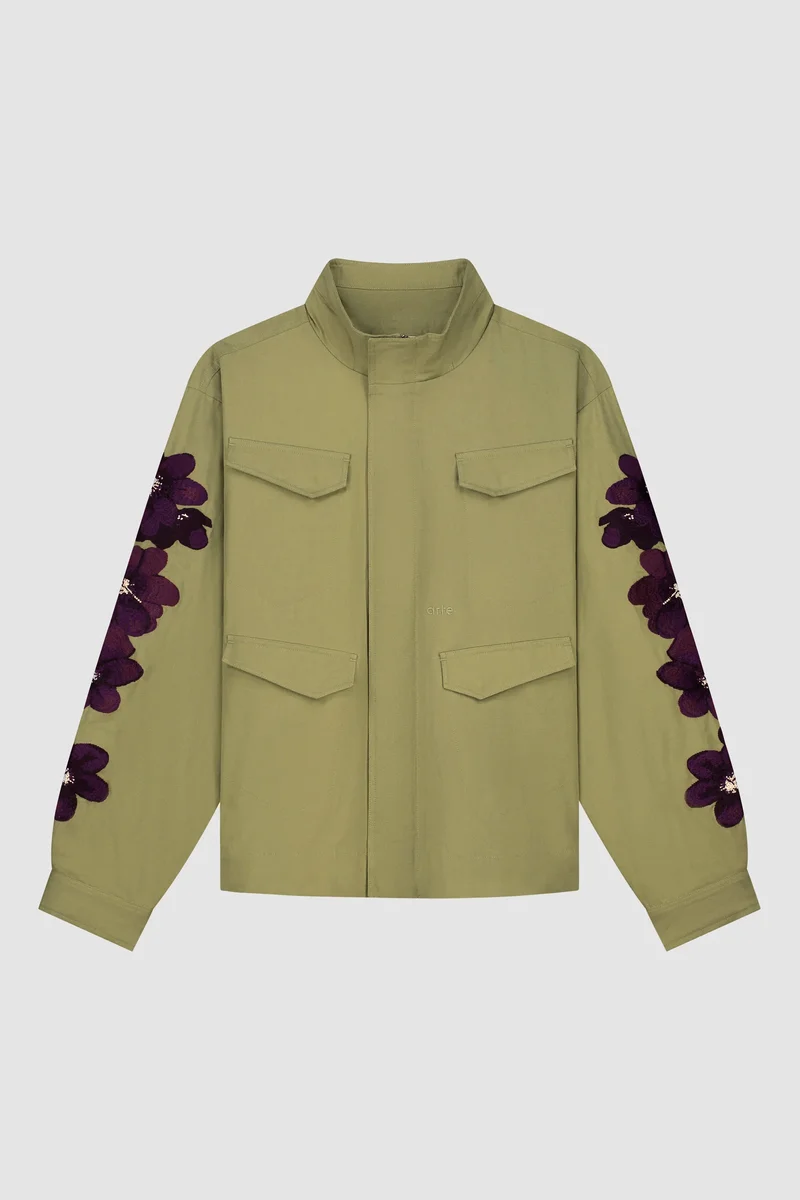 Veste brodée de fleurs - Vert olive