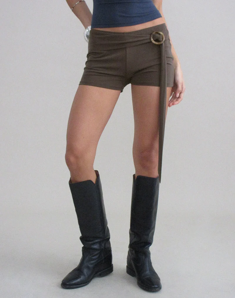 Micro-short Nivaya avec ceinture à nouer, en cupro marron foncé