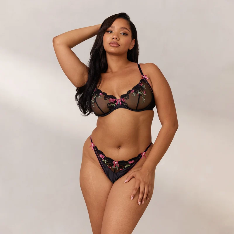 Bloom Embroidered Balcony Soutien-Gorge - Noir