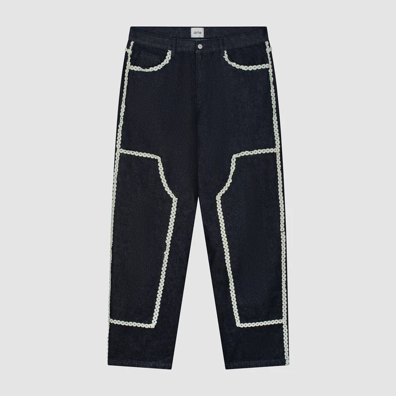 Pantalon en denim à bordures fleuries - Dark Wash