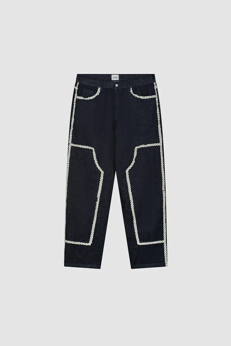 Pantalon en denim à bordures fleuries - Dark Wash