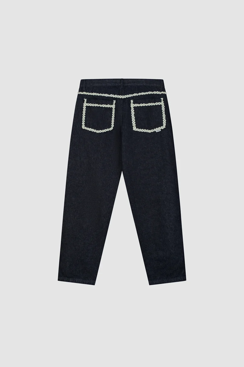 Pantalon en denim à bordures fleuries - Dark Wash