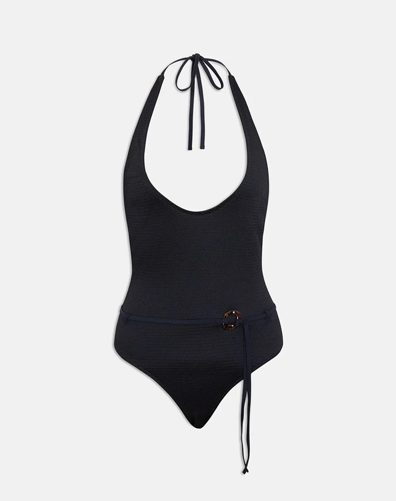 Maillot de bain plongeant Kasem noir texturé avec ceinture à nouer