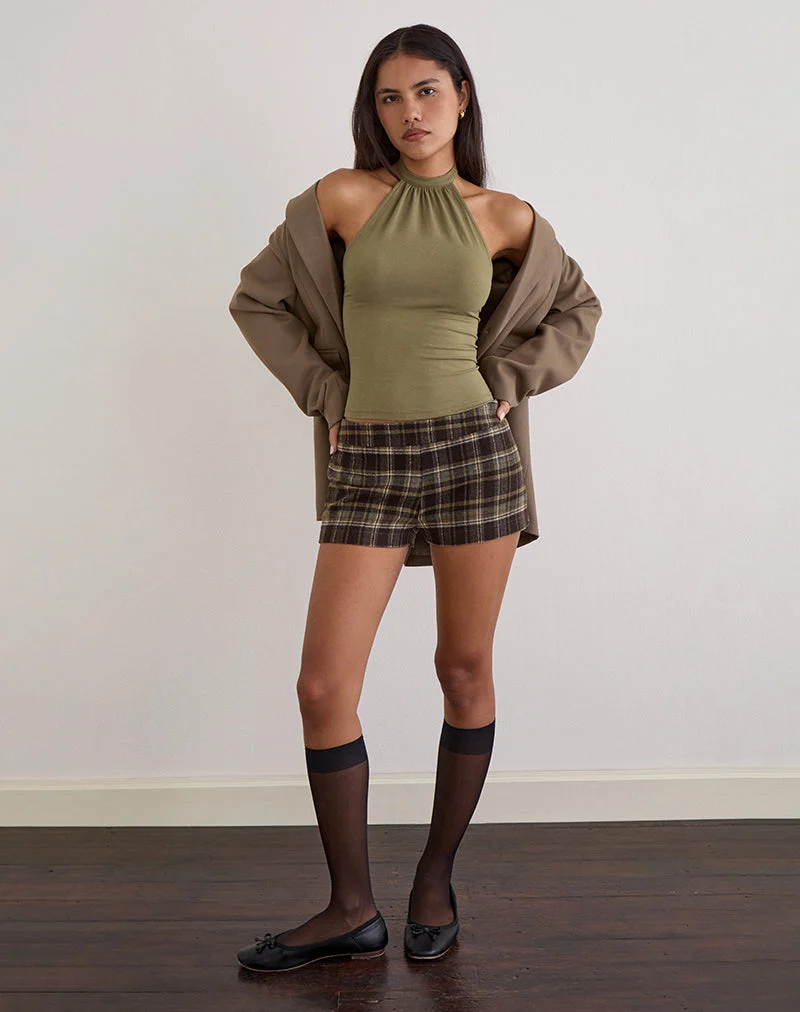 Blazira Short en laine à carreaux marron et vert